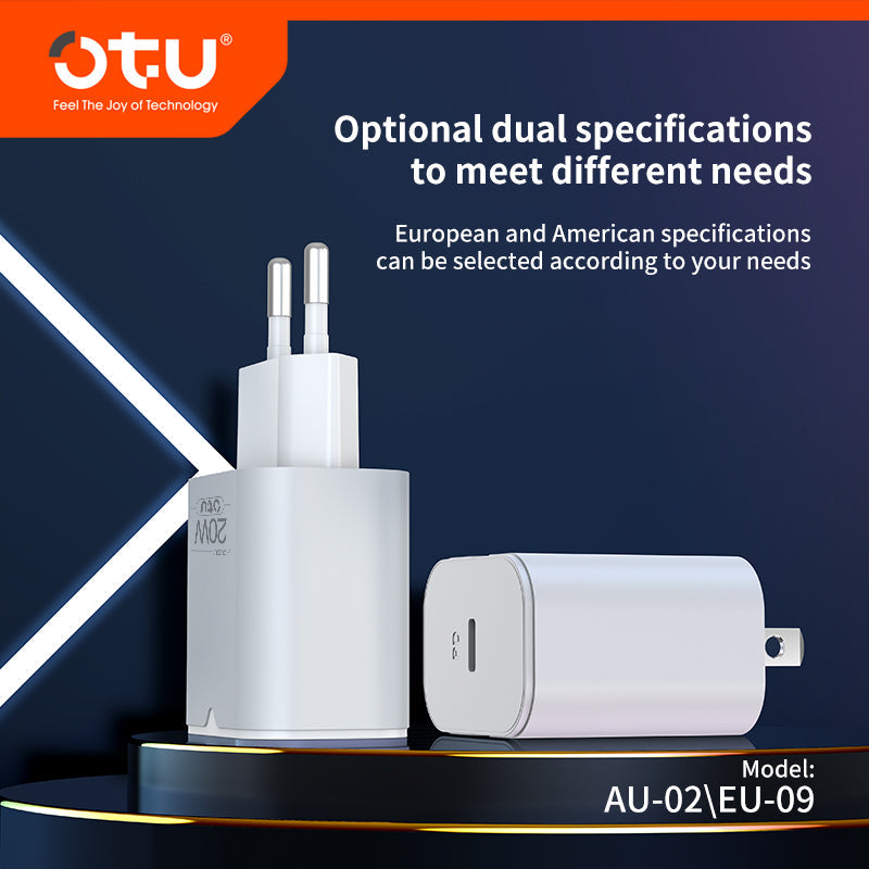 OTU AU02 20W Single-Port USB-C Fast Wall Charger with US/EU Plug — Safe & Compact PD Charger for iPhone & Android