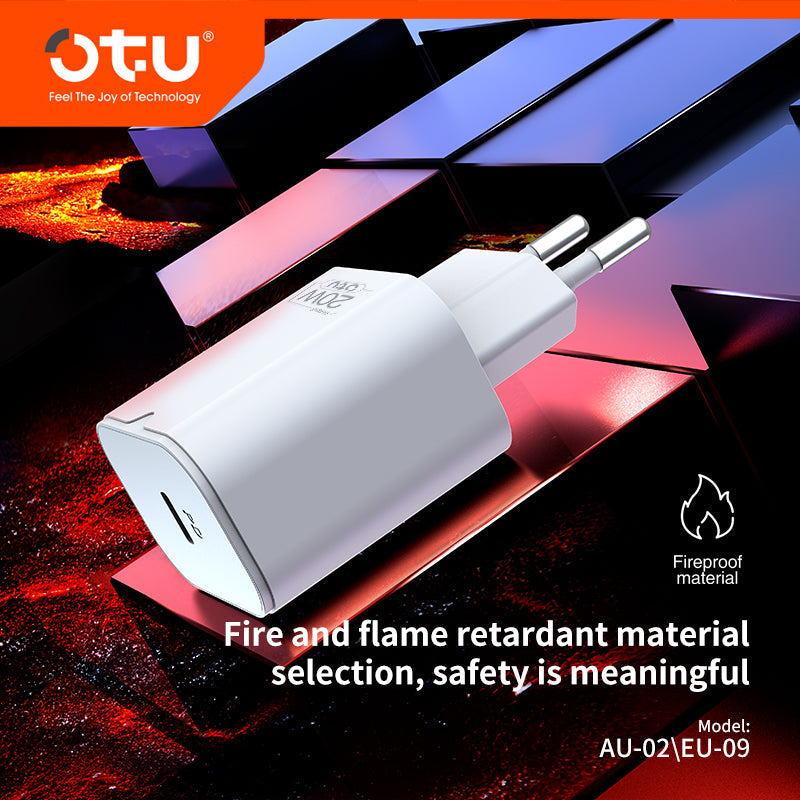 OTU AU02 20W Single-Port USB-C Fast Wall Charger with US/EU Plug — Safe & Compact PD Charger for iPhone & Android
