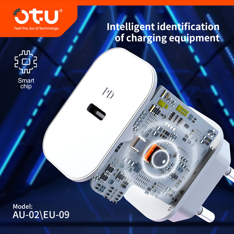 OTU AU02 20W Single-Port USB-C Fast Wall Charger with US/EU Plug — Safe & Compact PD Charger for iPhone & Android