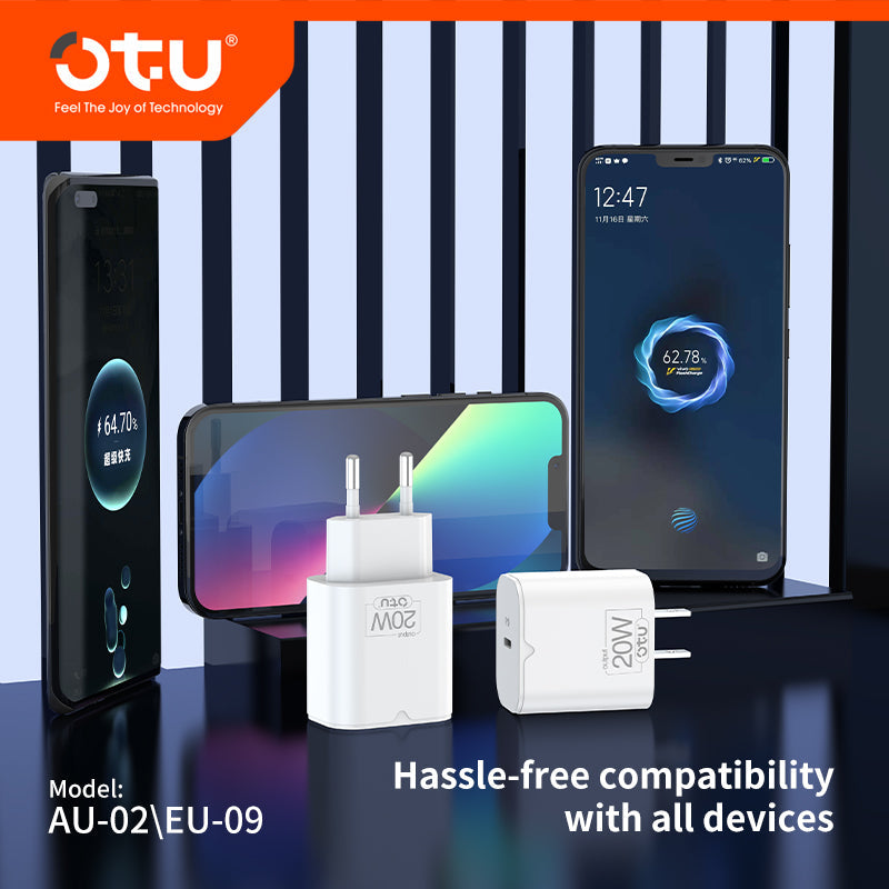 OTU AU02 20W Single-Port USB-C Fast Wall Charger with US/EU Plug — Safe & Compact PD Charger for iPhone & Android