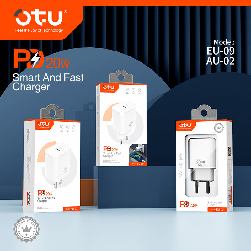 OTU AU02 20W Single-Port USB-C Fast Wall Charger with US/EU Plug — Safe & Compact PD Charger for iPhone & Android