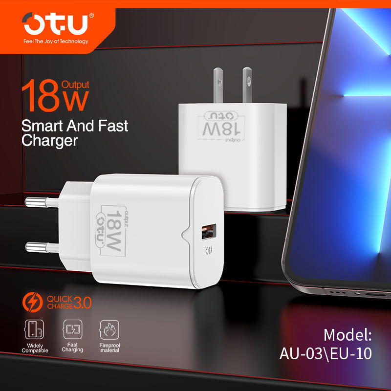 OTU AU03 18W Smart Fast Charger - Safe QC3.0 Single Port Wall Adapter for iPhone, Huawei, and More (US/EU Plug Options)