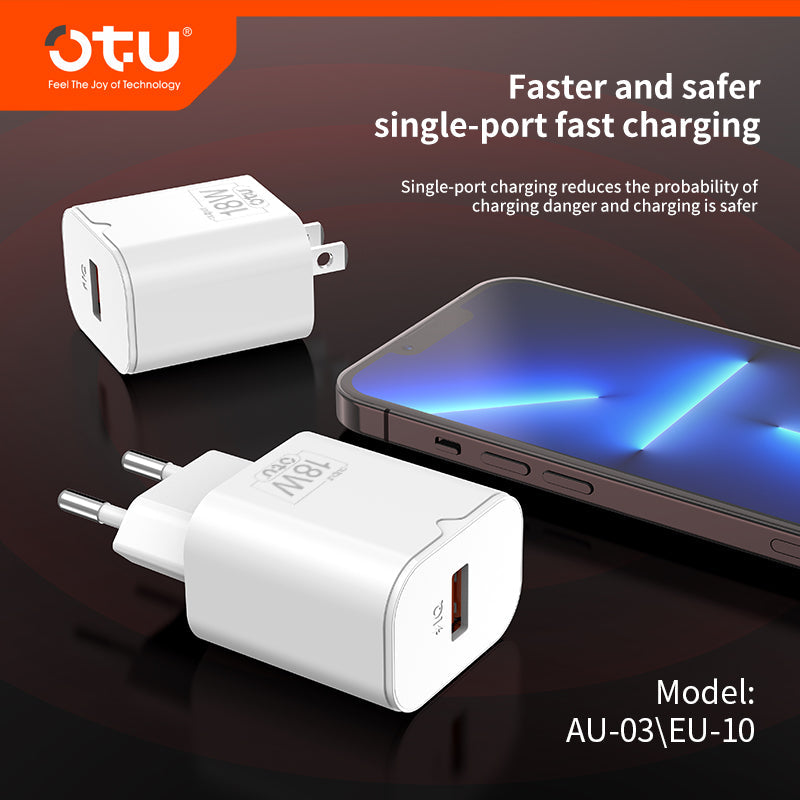 OTU AU03 18W Smart Fast Charger - Safe QC3.0 Single Port Wall Adapter for iPhone, Huawei, and More (US/EU Plug Options)