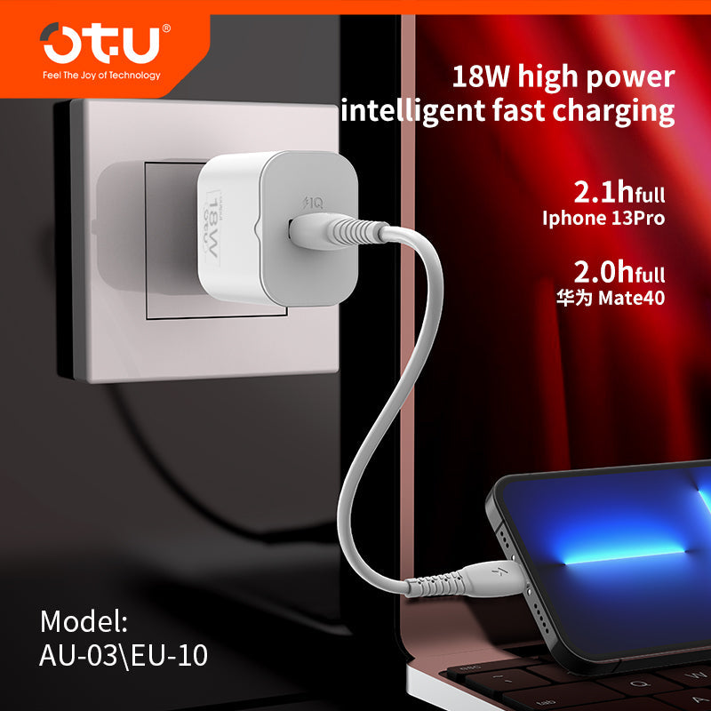 OTU AU03 18W Smart Fast Charger - Safe QC3.0 Single Port Wall Adapter for iPhone, Huawei, and More (US/EU Plug Options)