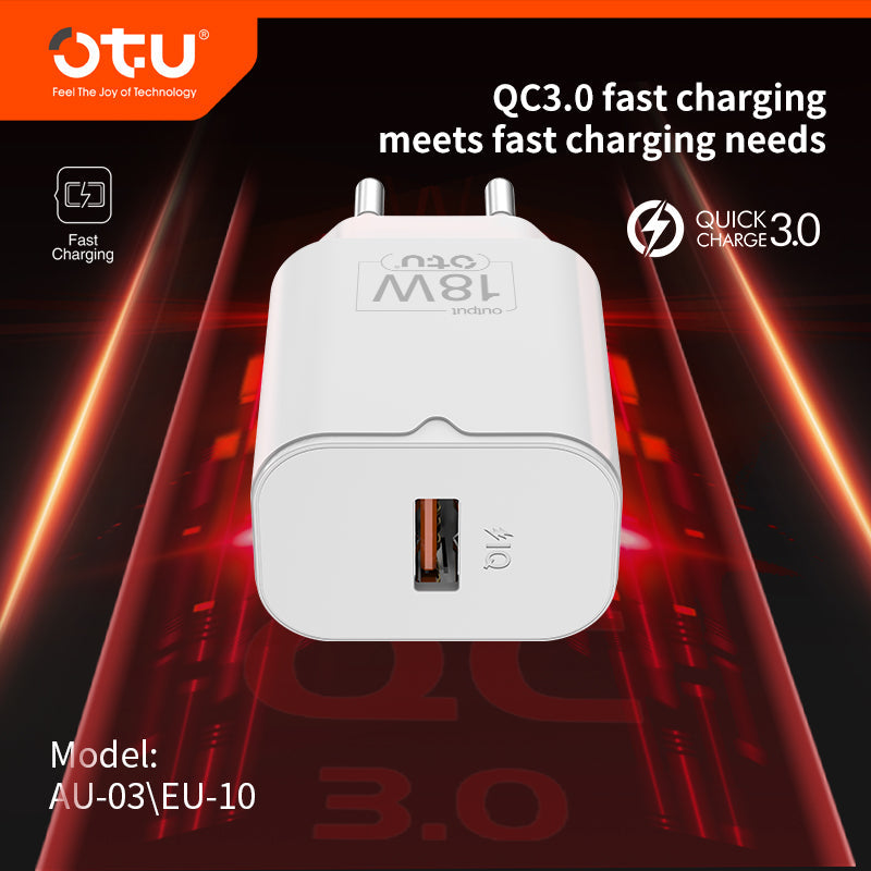 OTU AU03 18W Smart Fast Charger - Safe QC3.0 Single Port Wall Adapter for iPhone, Huawei, and More (US/EU Plug Options)