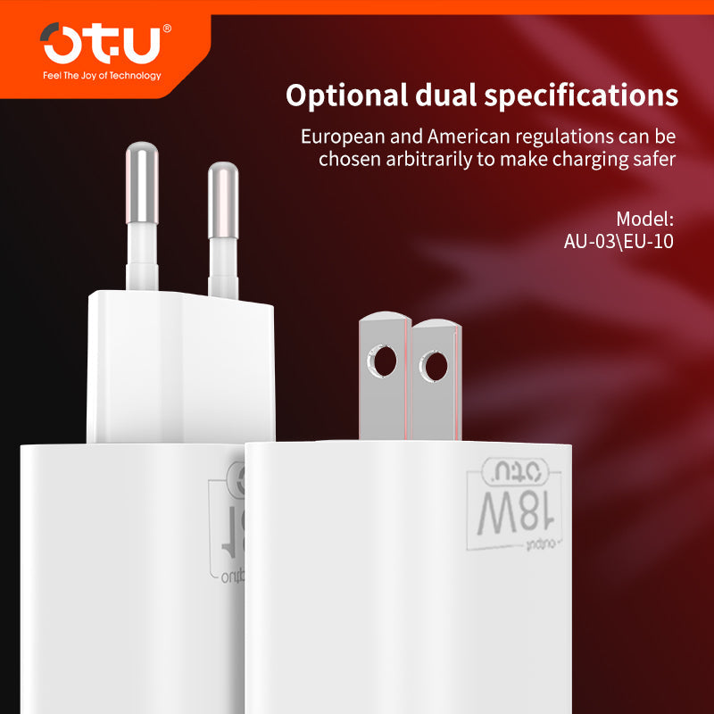 OTU AU03 18W Smart Fast Charger - Safe QC3.0 Single Port Wall Adapter for iPhone, Huawei, and More (US/EU Plug Options)
