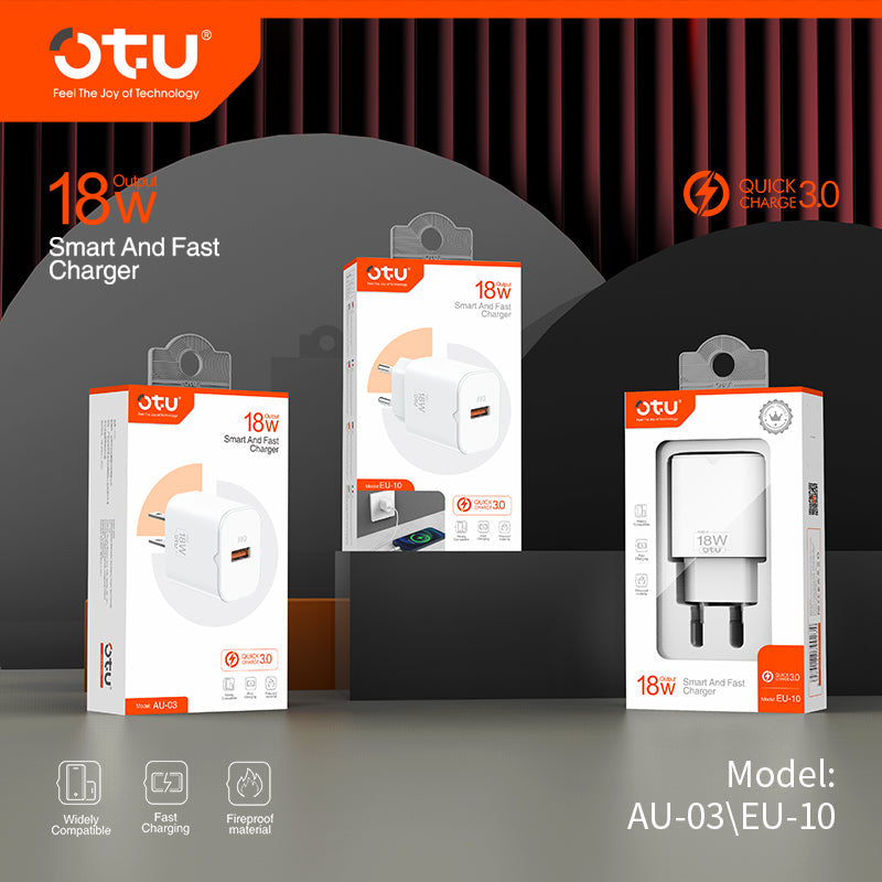 OTU AU03 18W Smart Fast Charger - Safe QC3.0 Single Port Wall Adapter for iPhone, Huawei, and More (US/EU Plug Options)