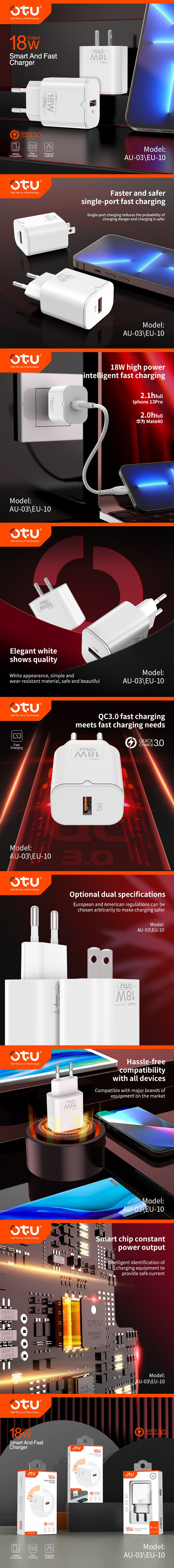 OTU AU03 18W Smart Fast Charger - Safe QC3.0 Single Port Wall Adapter for iPhone, Huawei, and More (US/EU Plug Options)