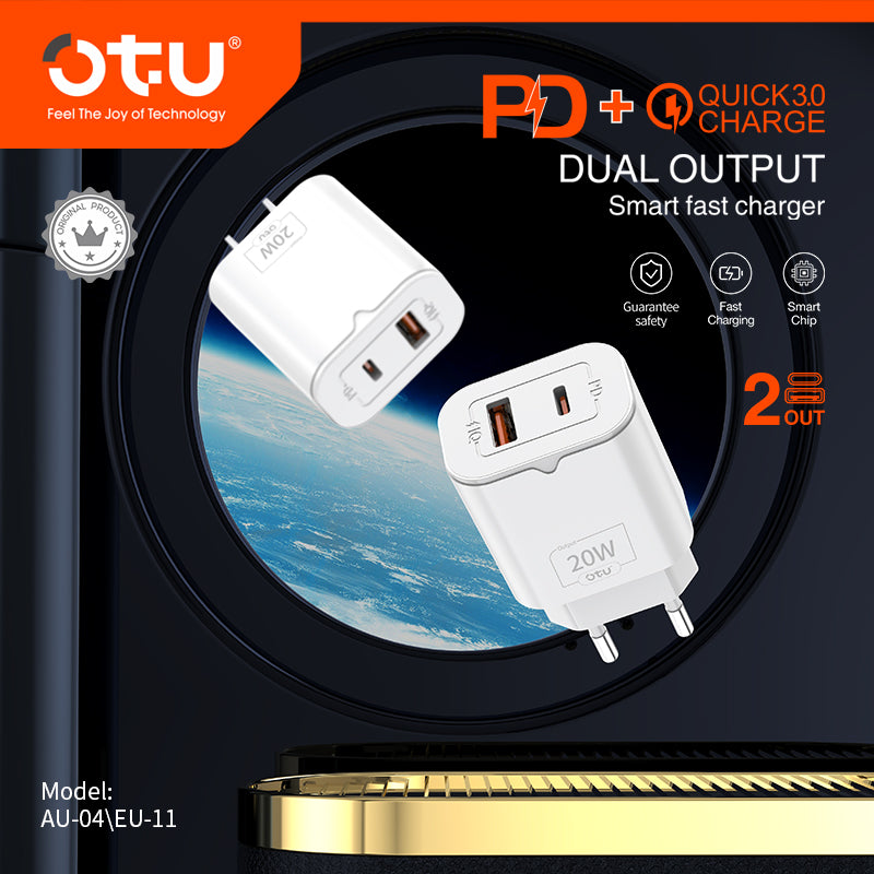 OTU AU04 Dual Port Fast Charger - 20W PD & QC3.0 Smart Charger with Fireproof Design for iPhone, Huawei, and More (Model: AU-04/EU-11)