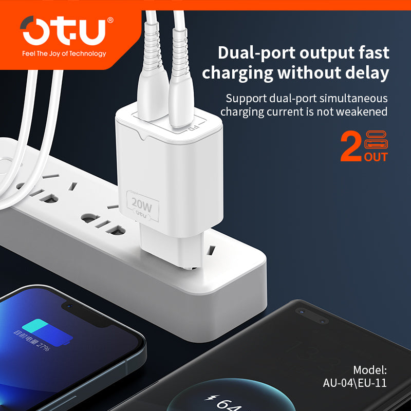 OTU AU04 Dual Port Fast Charger - 20W PD & QC3.0 Smart Charger with Fireproof Design for iPhone, Huawei, and More (Model: AU-04/EU-11)