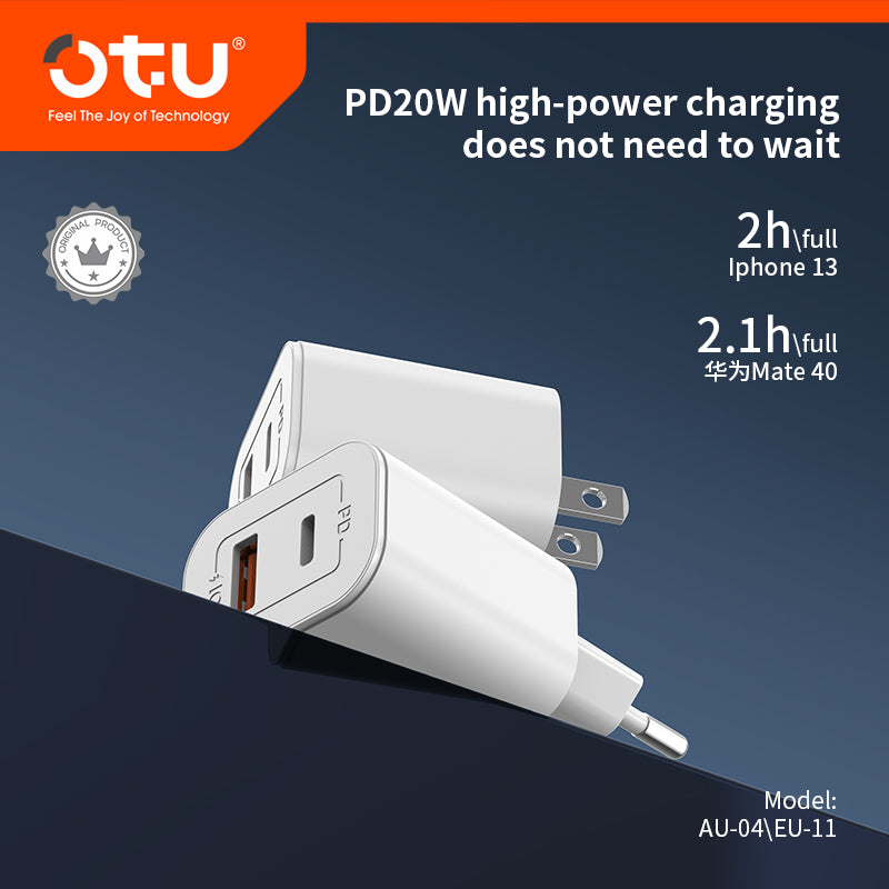 OTU AU04 Dual Port Fast Charger - 20W PD & QC3.0 Smart Charger with Fireproof Design for iPhone, Huawei, and More (Model: AU-04/EU-11)
