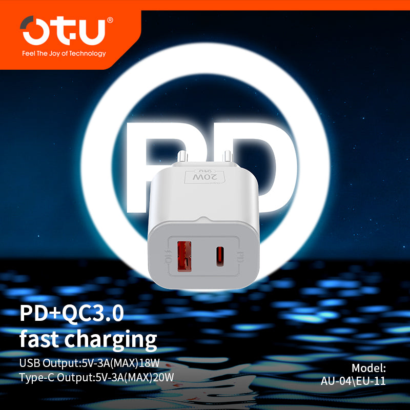 OTU AU04 Dual Port Fast Charger - 20W PD & QC3.0 Smart Charger with Fireproof Design for iPhone, Huawei, and More (Model: AU-04/EU-11)