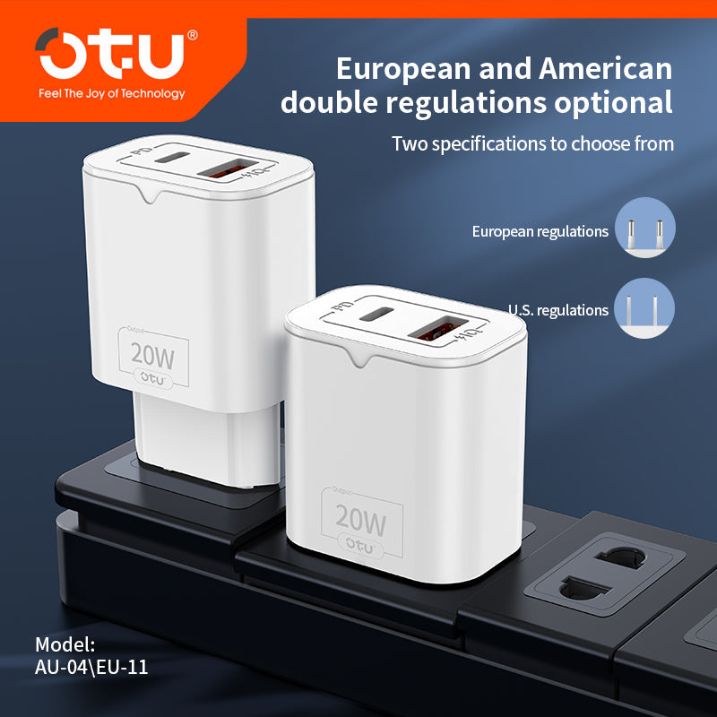 OTU AU04 Dual Port Fast Charger - 20W PD & QC3.0 Smart Charger with Fireproof Design for iPhone, Huawei, and More (Model: AU-04/EU-11)