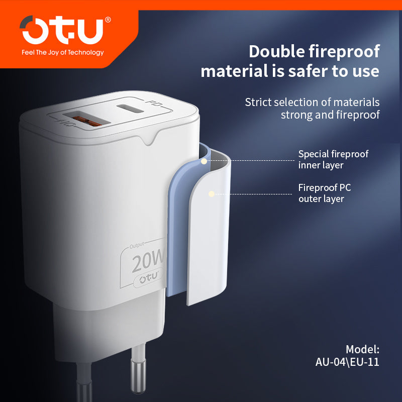 OTU AU04 Dual Port Fast Charger - 20W PD & QC3.0 Smart Charger with Fireproof Design for iPhone, Huawei, and More (Model: AU-04/EU-11)