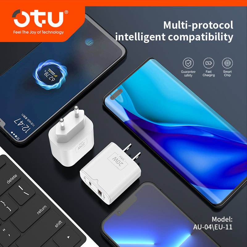 OTU AU04 Dual Port Fast Charger - 20W PD & QC3.0 Smart Charger with Fireproof Design for iPhone, Huawei, and More (Model: AU-04/EU-11)