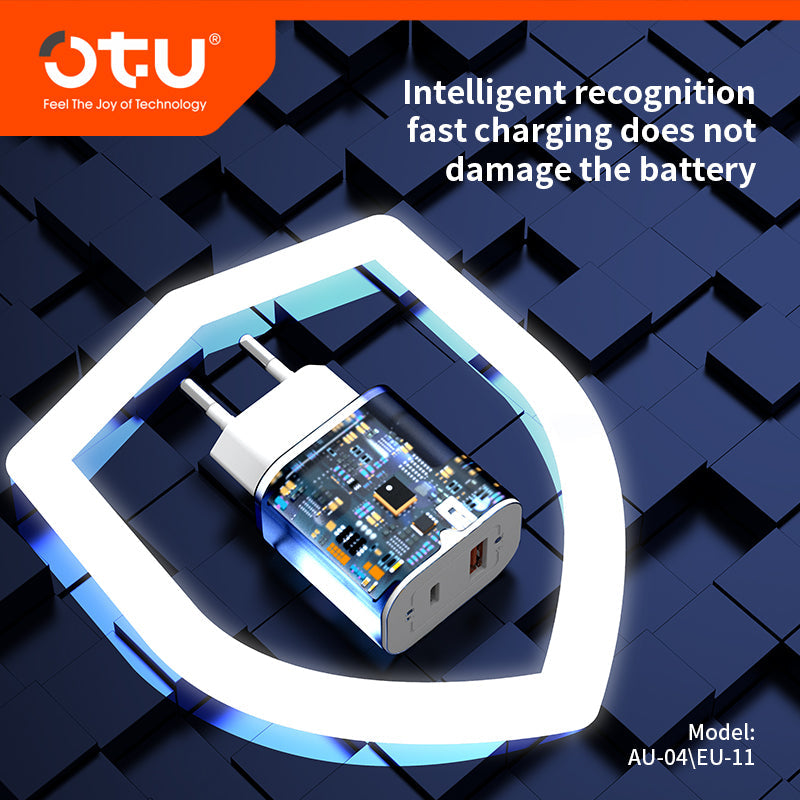 OTU AU04 Dual Port Fast Charger - 20W PD & QC3.0 Smart Charger with Fireproof Design for iPhone, Huawei, and More (Model: AU-04/EU-11)