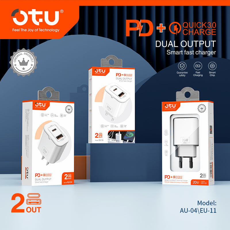 OTU AU04 Dual Port Fast Charger - 20W PD & QC3.0 Smart Charger with Fireproof Design for iPhone, Huawei, and More (Model: AU-04/EU-11)