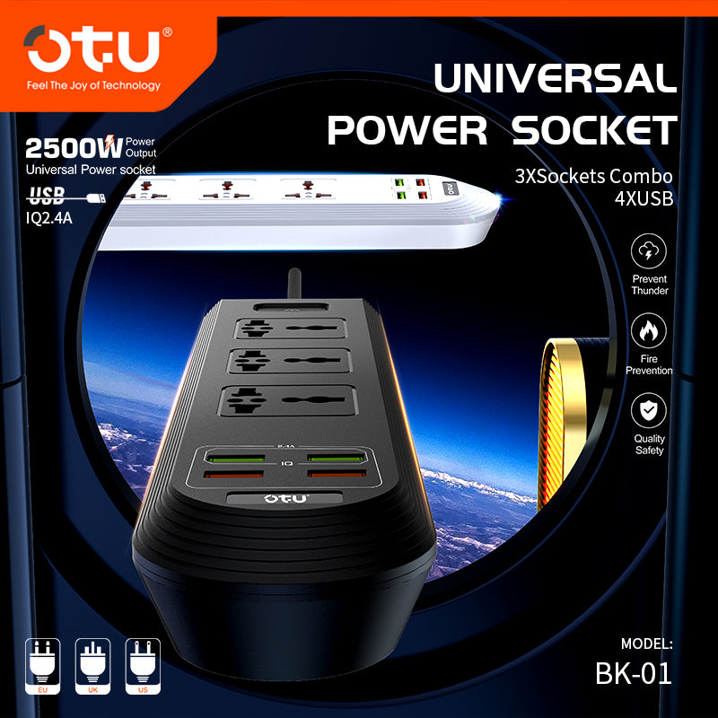 OTU BK01 Universal Power Strip with 4 USB Ports & 3 AC Outlets, 2500W Surge Protector for Home/Office