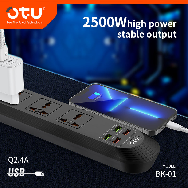 OTU BK01 Universal Power Strip with 4 USB Ports & 3 AC Outlets, 2500W Surge Protector for Home/Office
