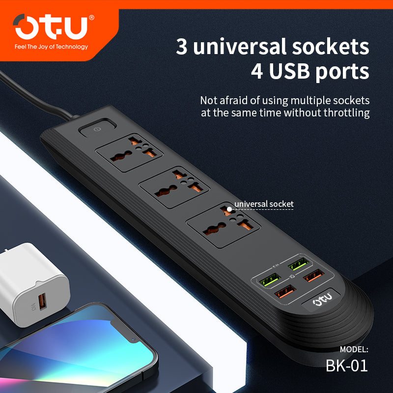 OTU BK01 Universal Power Strip with 4 USB Ports & 3 AC Outlets, 2500W Surge Protector for Home/Office