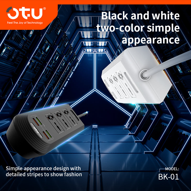 OTU BK01 Universal Power Strip with 4 USB Ports & 3 AC Outlets, 2500W Surge Protector for Home/Office