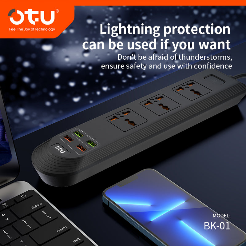 OTU BK01 Universal Power Strip with 4 USB Ports & 3 AC Outlets, 2500W Surge Protector for Home/Office
