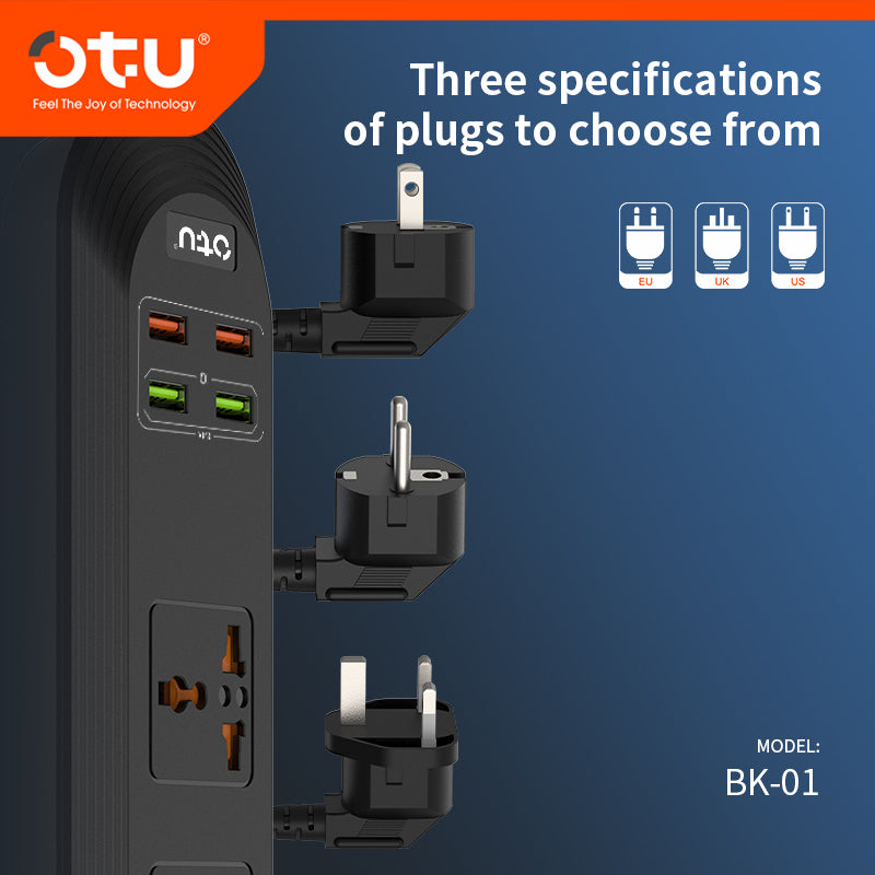 OTU BK01 Universal Power Strip with 4 USB Ports & 3 AC Outlets, 2500W Surge Protector for Home/Office
