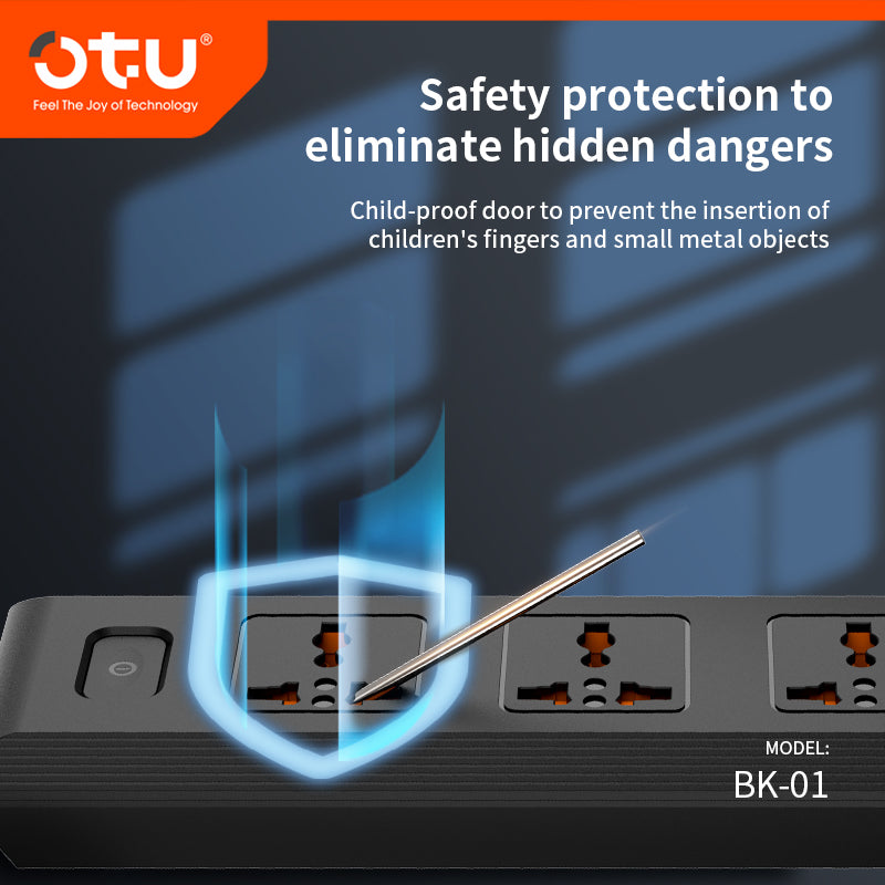 OTU BK01 Universal Power Strip with 4 USB Ports & 3 AC Outlets, 2500W Surge Protector for Home/Office