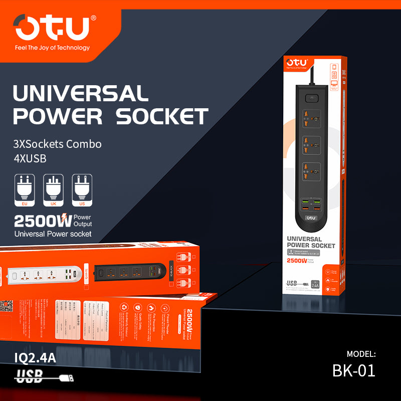 OTU BK01 Universal Power Strip with 4 USB Ports & 3 AC Outlets, 2500W Surge Protector for Home/Office