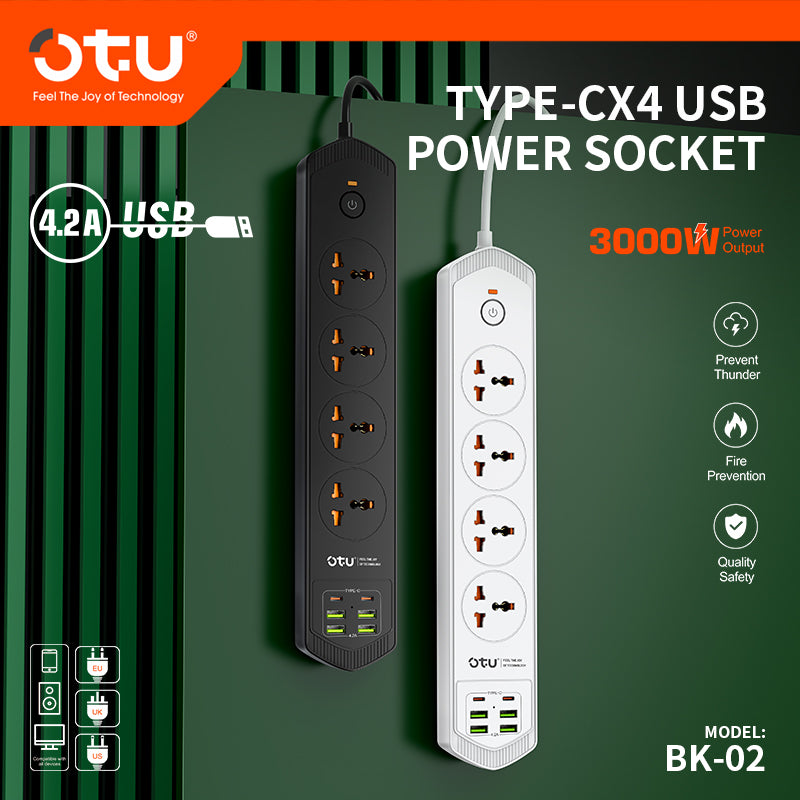 OTU BK02 3000W Power Strip with 2 USB-C PD Ports & 4 USB Ports, Universal International Outlet Travel Adapter