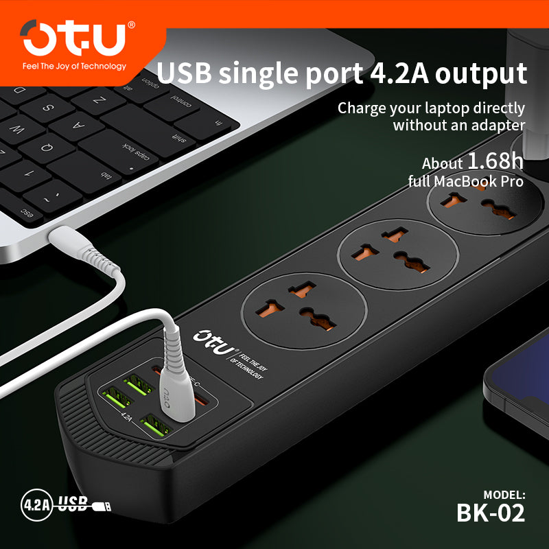OTU BK02 3000W Power Strip with 2 USB-C PD Ports & 4 USB Ports, Universal International Outlet Travel Adapter