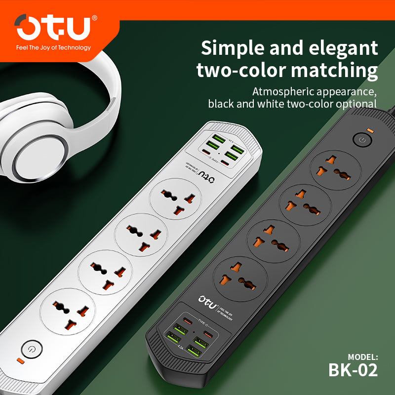 OTU BK02 3000W Power Strip with 2 USB-C PD Ports & 4 USB Ports, Universal International Outlet Travel Adapter
