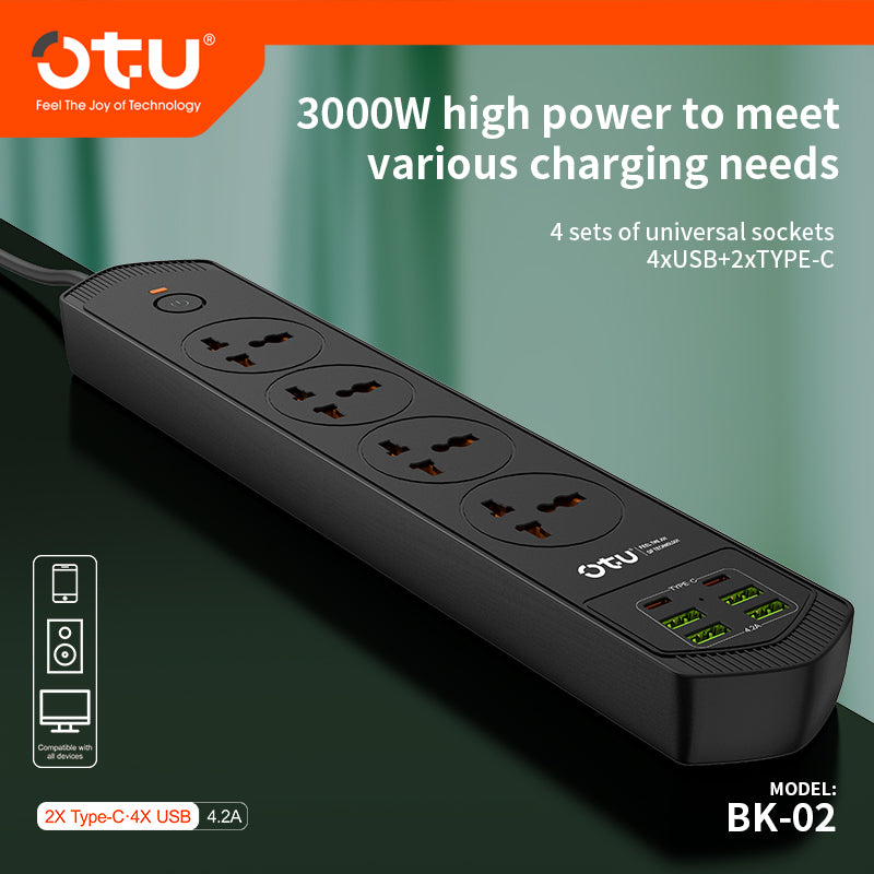OTU BK02 3000W Power Strip with 2 USB-C PD Ports & 4 USB Ports, Universal International Outlet Travel Adapter