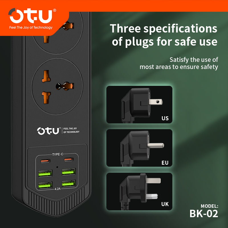 OTU BK02 3000W Power Strip with 2 USB-C PD Ports & 4 USB Ports, Universal International Outlet Travel Adapter