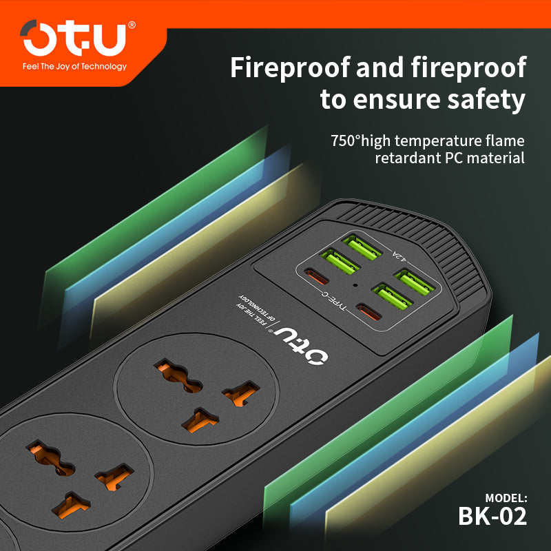OTU BK02 3000W Power Strip with 2 USB-C PD Ports & 4 USB Ports, Universal International Outlet Travel Adapter