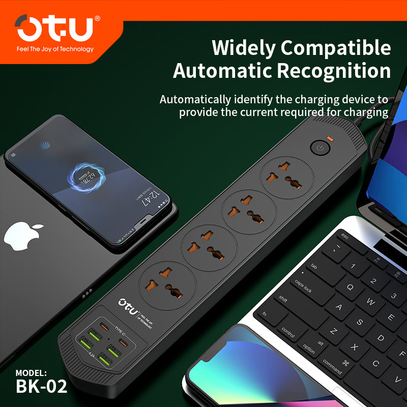 OTU BK02 3000W Power Strip with 2 USB-C PD Ports & 4 USB Ports, Universal International Outlet Travel Adapter