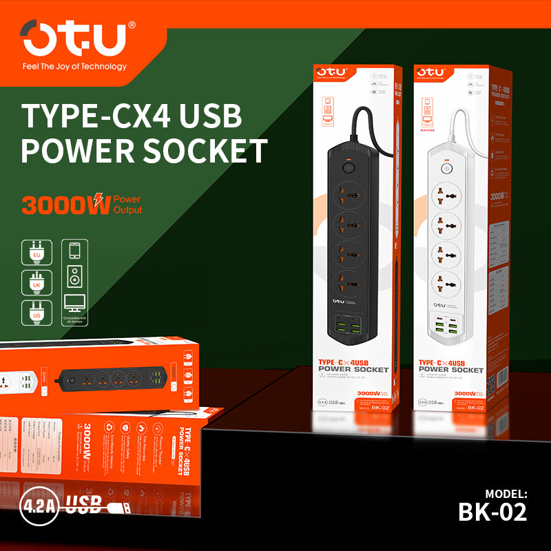 OTU BK02 3000W Power Strip with 2 USB-C PD Ports & 4 USB Ports, Universal International Outlet Travel Adapter