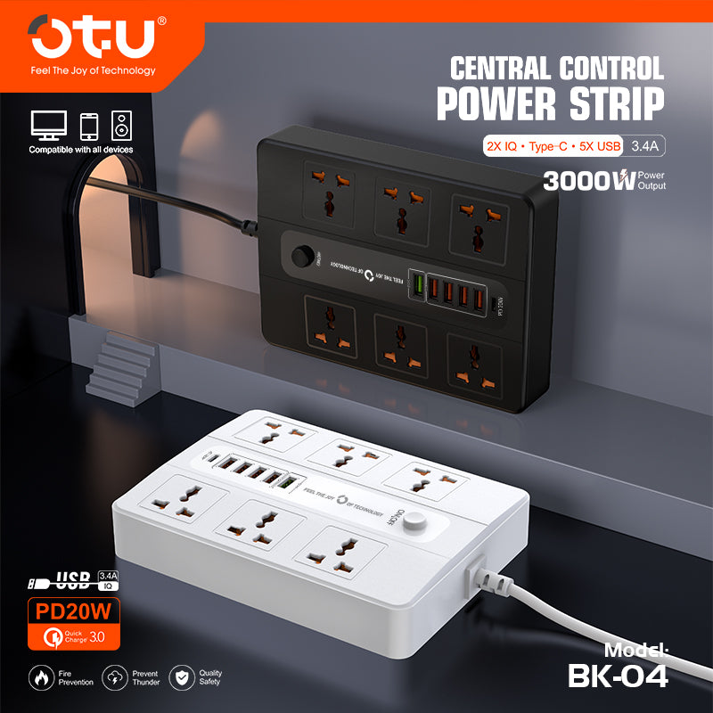 OTU BK04 Master Control Power Strip with 20W PD USB-C, Universal Outlets, Wide Spacing, 3000W for Desktop