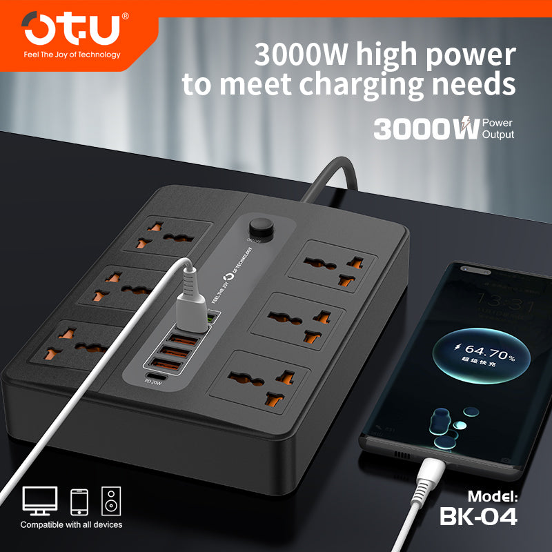 OTU BK04 Master Control Power Strip with 20W PD USB-C, Universal Outlets, Wide Spacing, 3000W for Desktop
