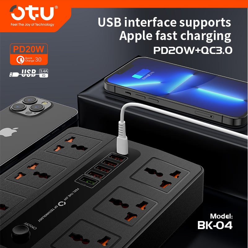 OTU BK04 Master Control Power Strip with 20W PD USB-C, Universal Outlets, Wide Spacing, 3000W for Desktop