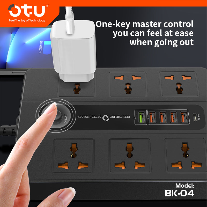 OTU BK04 Master Control Power Strip with 20W PD USB-C, Universal Outlets, Wide Spacing, 3000W for Desktop