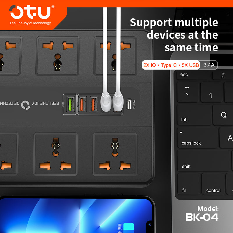 OTU BK04 Master Control Power Strip with 20W PD USB-C, Universal Outlets, Wide Spacing, 3000W for Desktop