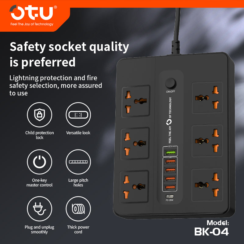 OTU BK04 Master Control Power Strip with 20W PD USB-C, Universal Outlets, Wide Spacing, 3000W for Desktop