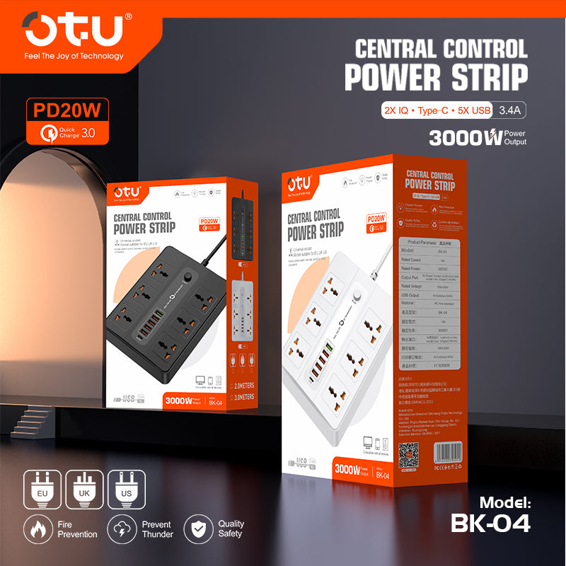 OTU BK04 Master Control Power Strip with 20W PD USB-C, Universal Outlets, Wide Spacing, 3000W for Desktop