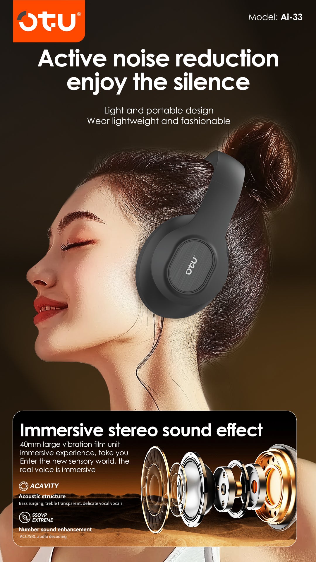 OTU Ai-33 ANC Wireless Headphones - 50H Battery, Active Noise Cancelling, Bluetooth 5.4, Foldable, Hi-Fi Sound