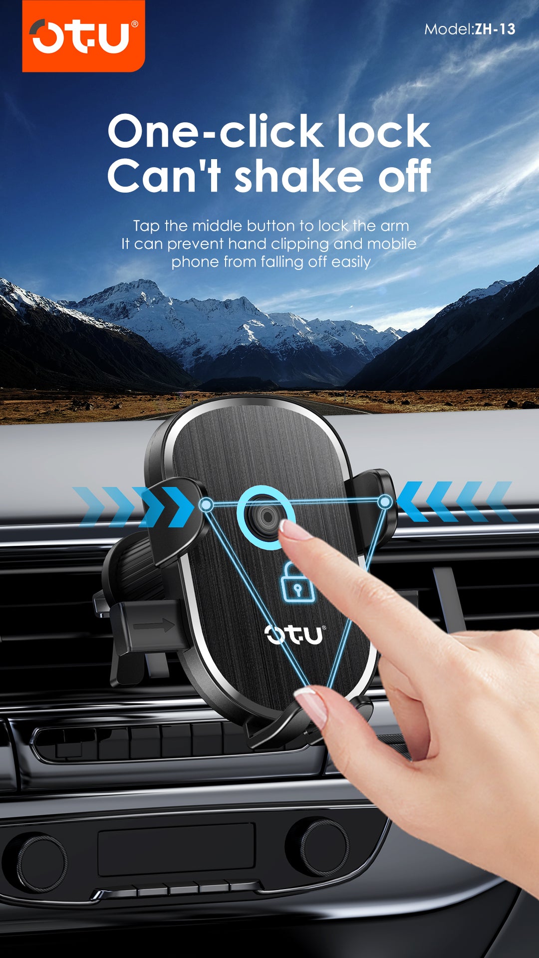 OTU ZH13 Universal Car Phone Mount Holder with One-Click Lock & 360° Rotation - Compatible with 4.7-7.2 inch Phones