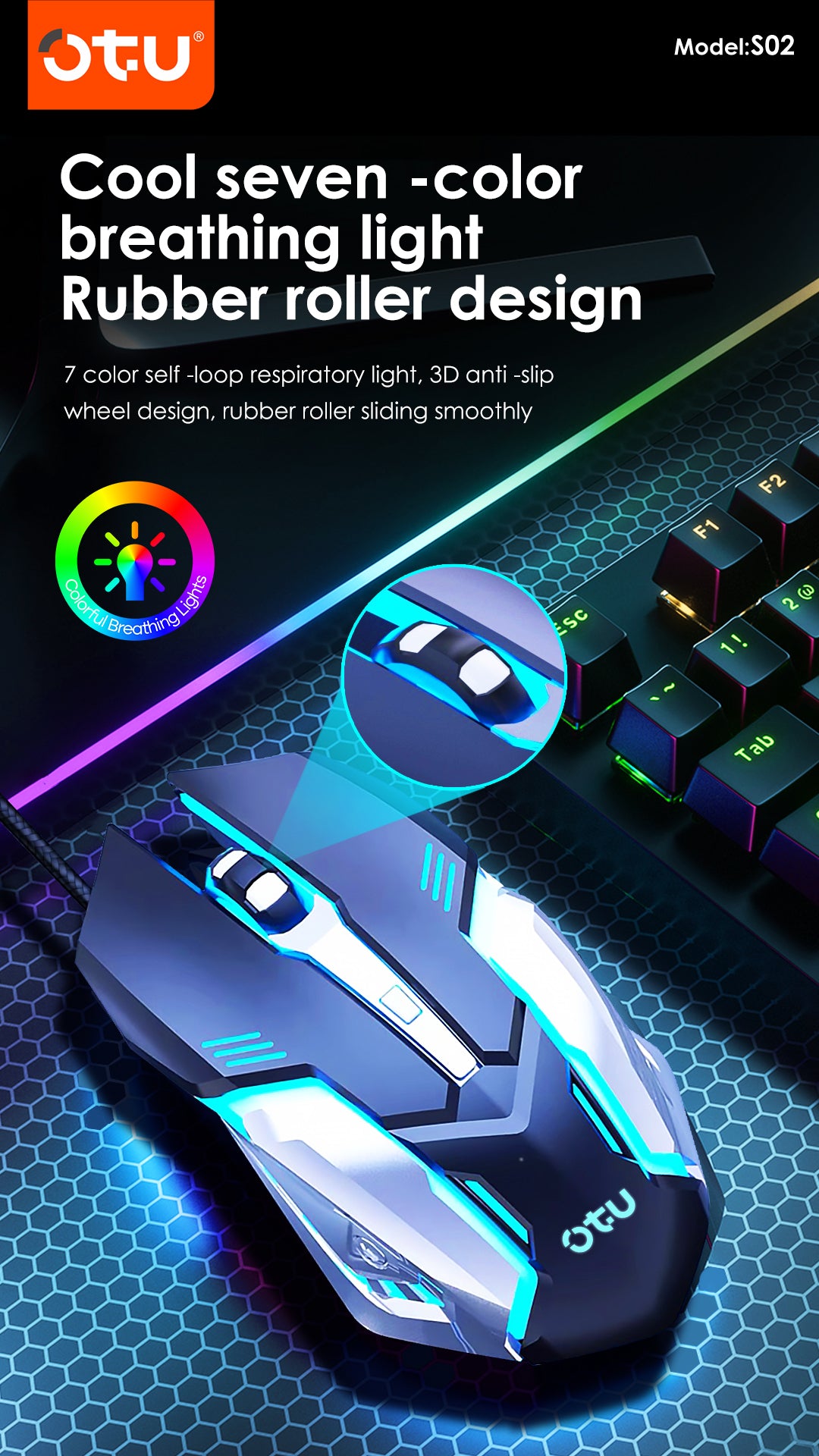 OTU S02 Wired Gaming Mouse – 7 Color RGB Breathing Light, 4 DPI Settings, Ergonomic, Silent Click