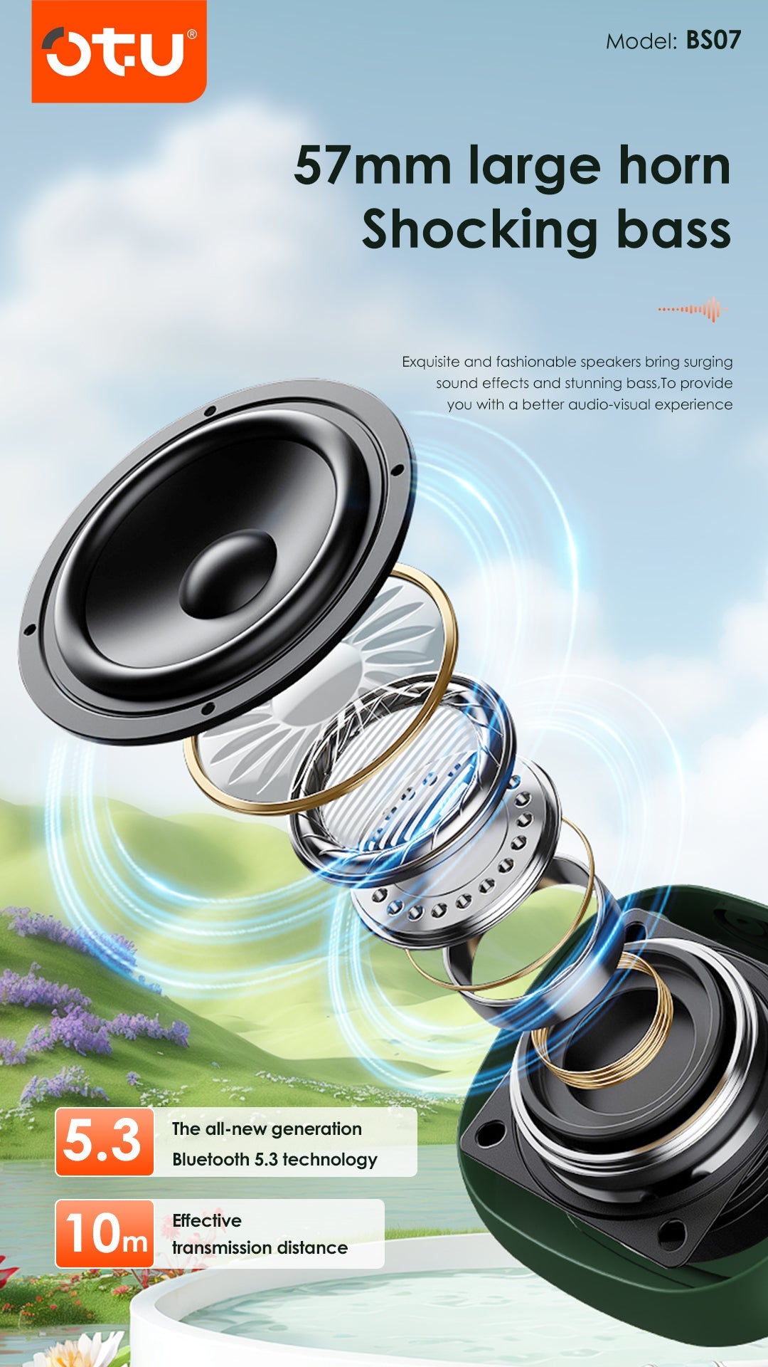 Otu BS07 Portable Bluetooth Speaker with Shocking Bass, Bluetooth 5.3, 1200mAh Battery for Outdoor Travel and Music