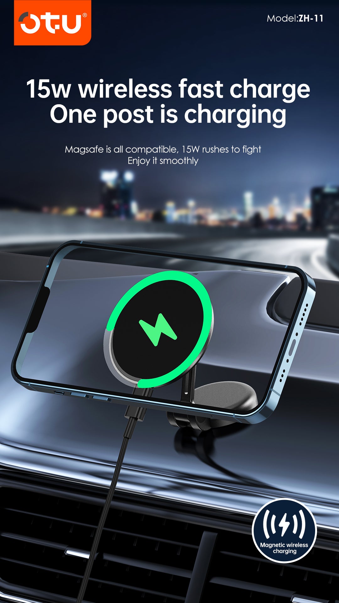 OTU ZH11 15W Magnetic Wireless Car Charger Mount - Fast Charging, 360° Rotation, for All MagSafe iPhones