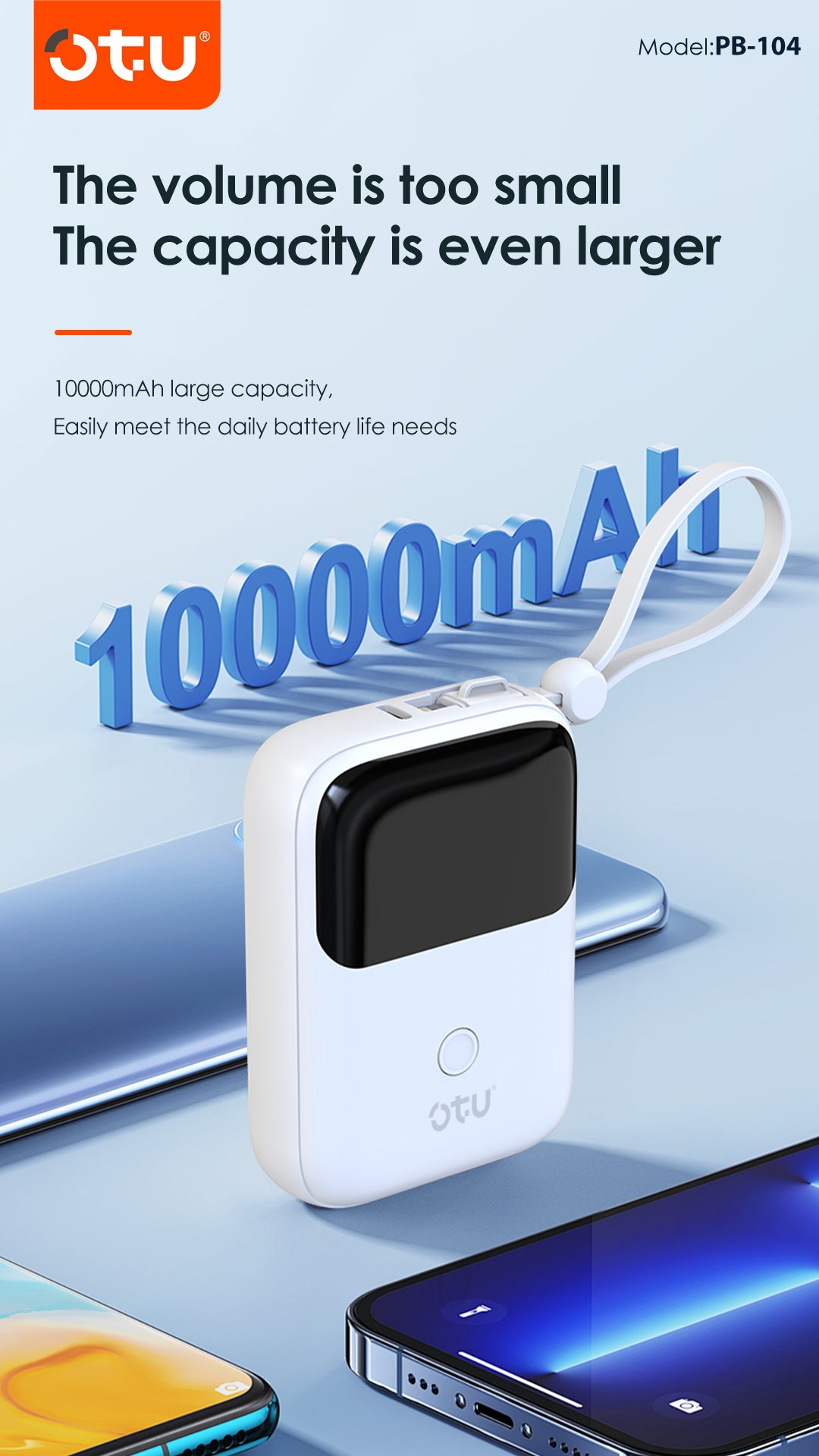 OTU PB104 10000mAh 22.5W Fast Charging Power Bank with Detachable Cables & Lanyard – Portable Charger with Type-C and Lightning Output
